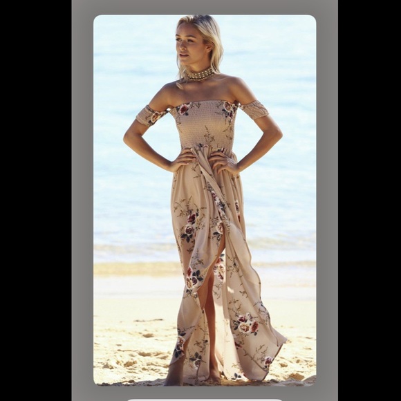 TAN FLORAL OFF SHOULDER MAXI DRESS - Picture 2 of 7